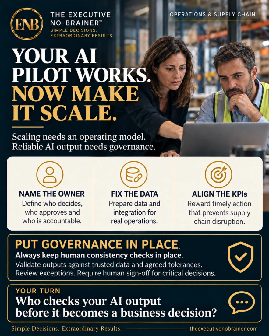 One-pager: Your AI Pilot Works. Now Make It Scale. — Name the owner, fix the data, align the KPIs, put governance in place.