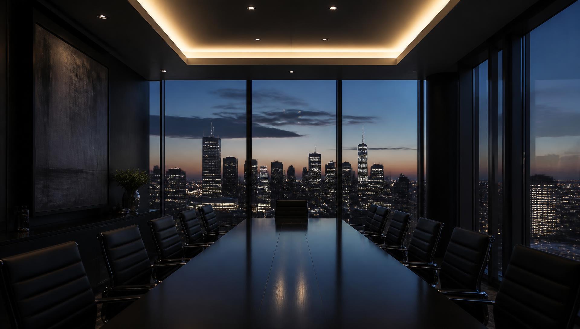 Executive boardroom at dusk overlooking a city skyline